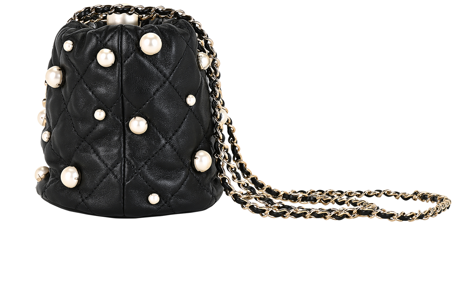 Mini Pearl Bucket Bag, &pound;1,950, Handbags, Black, Leather, Bottom view